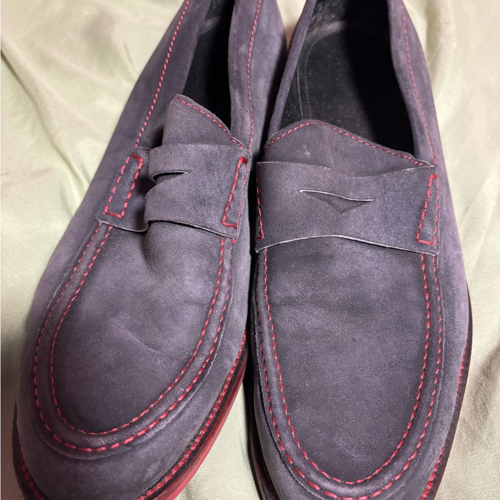 Donald J Pliner Men's Suede Loafers from Italy - Bluish Gray with Red Stitching